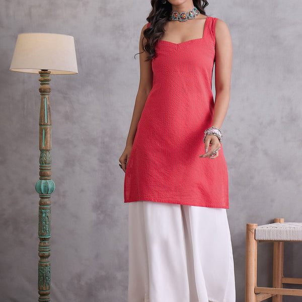 InWeave Red Kantha Striped Kurta - Distacart