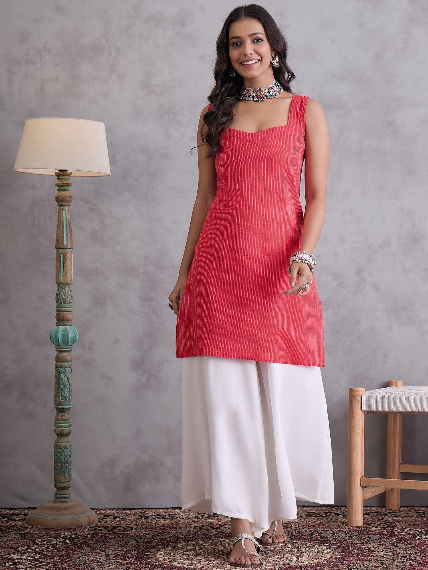InWeave Red Kantha Striped Kurta - Distacart
