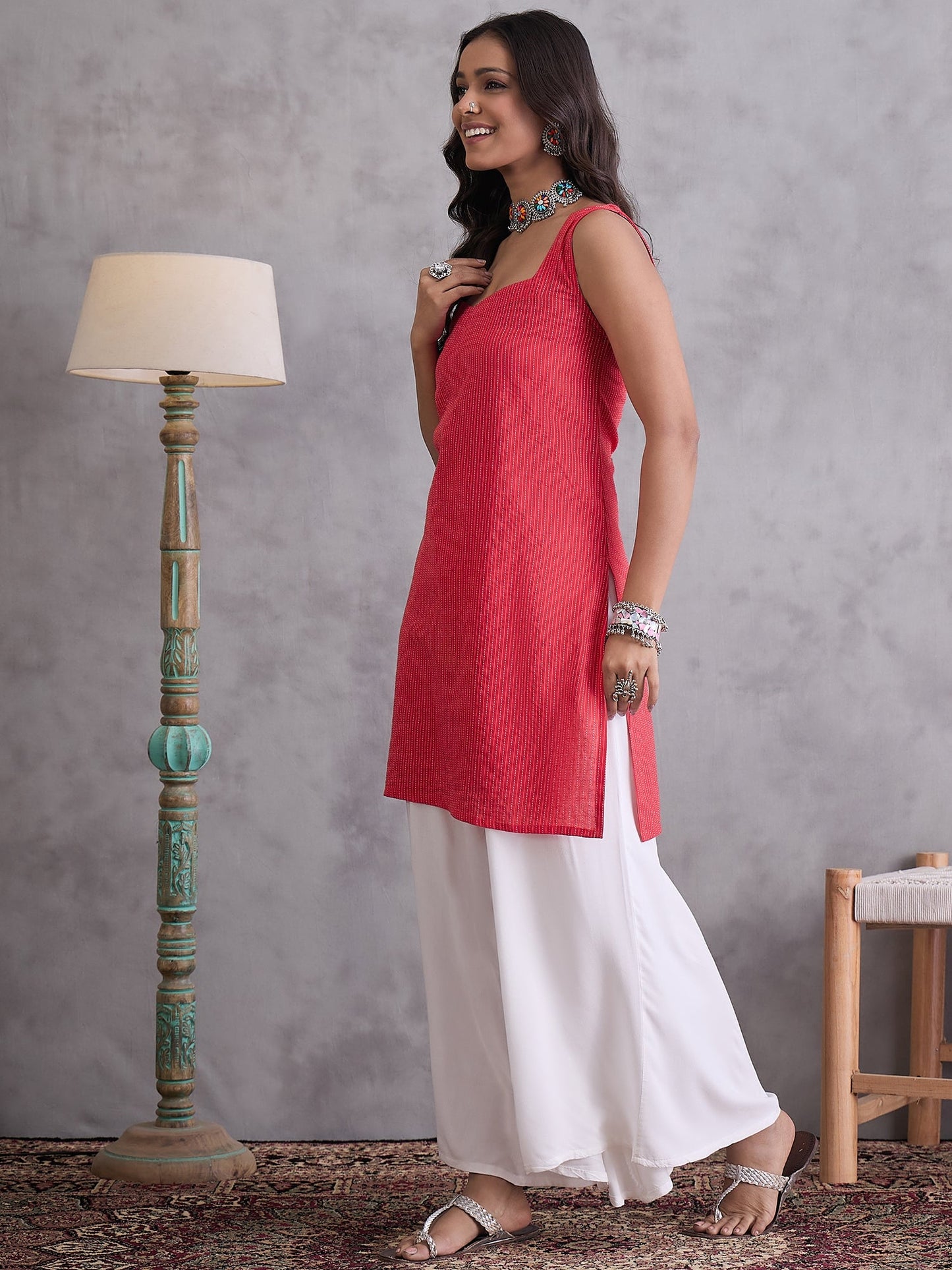 InWeave Red Kantha Striped Kurta - Distacart