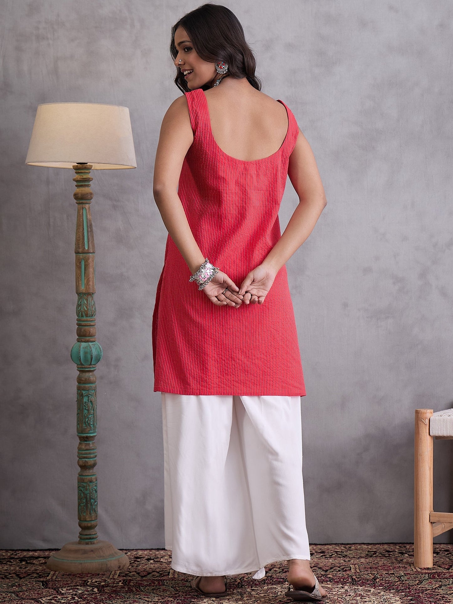 InWeave Red Kantha Striped Kurta - Distacart