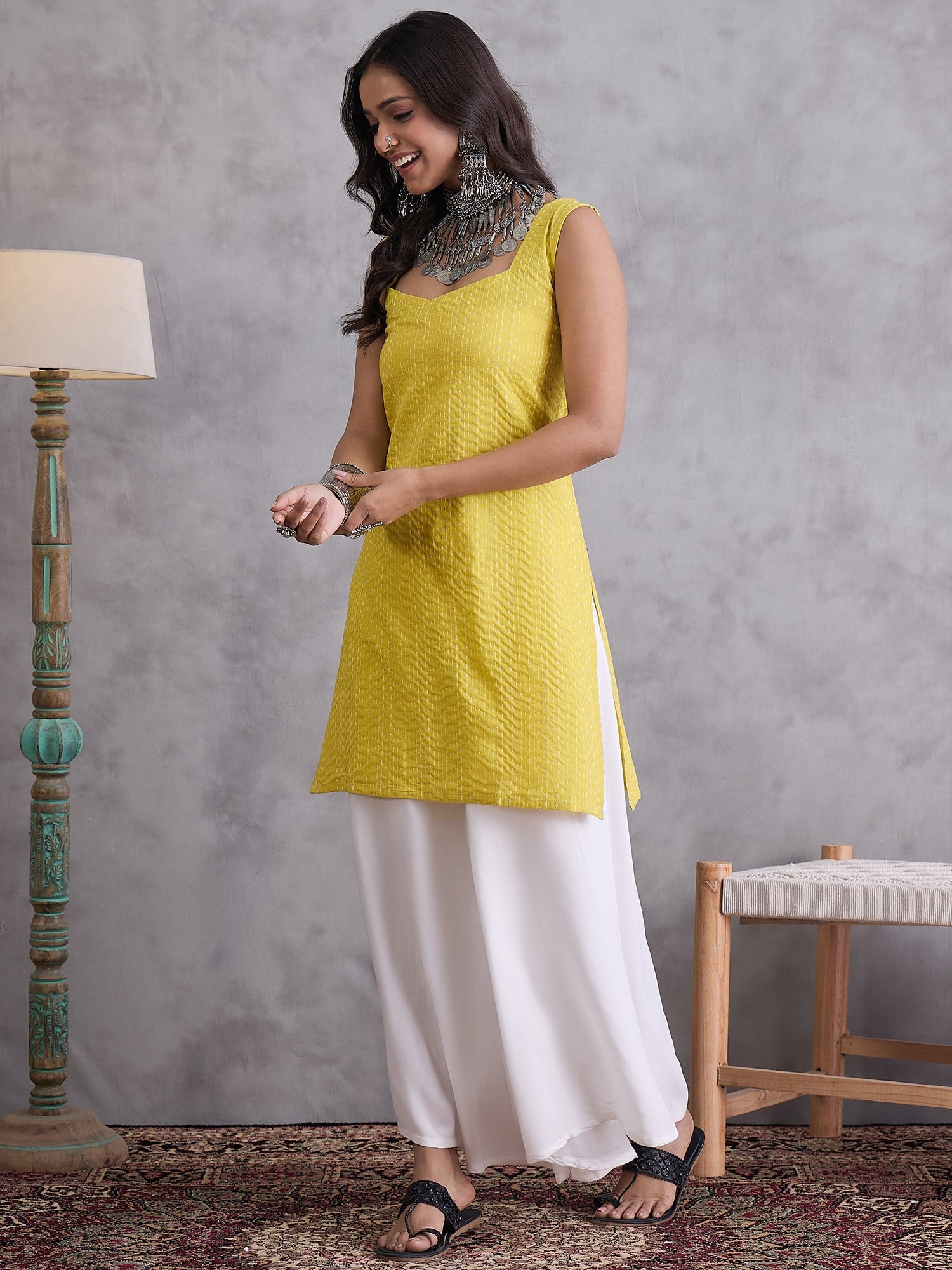 InWeave Yellow Kantha Kurta - Distacart