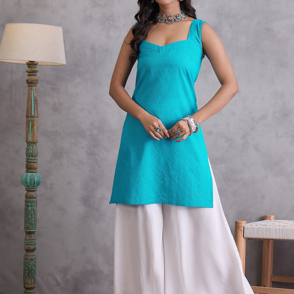 InWeave Cyan Blue Kantha Striped Kurta - Distacart