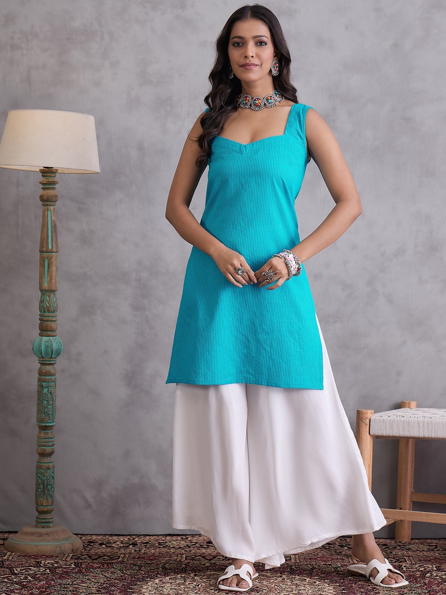InWeave Cyan Blue Kantha Striped Kurta - Distacart