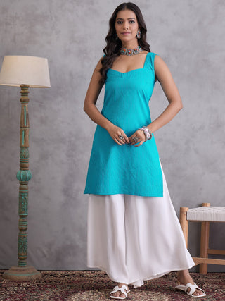 InWeave Cyan Blue Kantha Striped Kurta