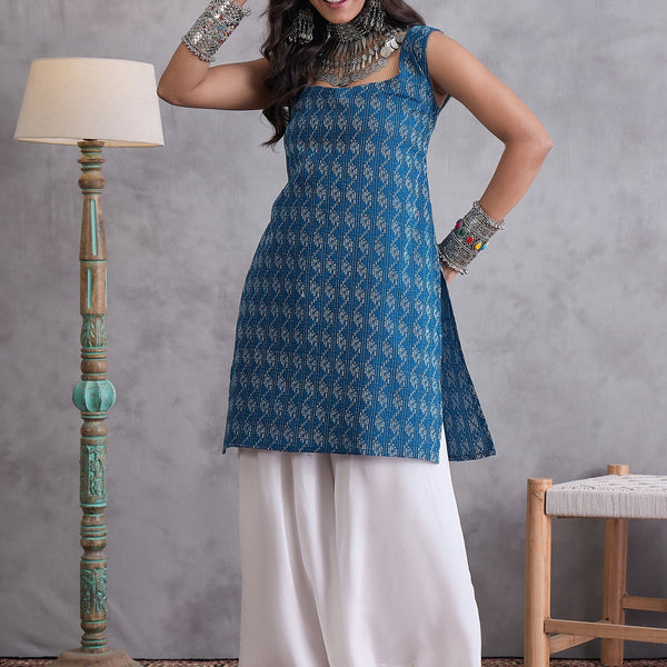 InWeave Blue Ikkat Kantha Kurta - Distacart