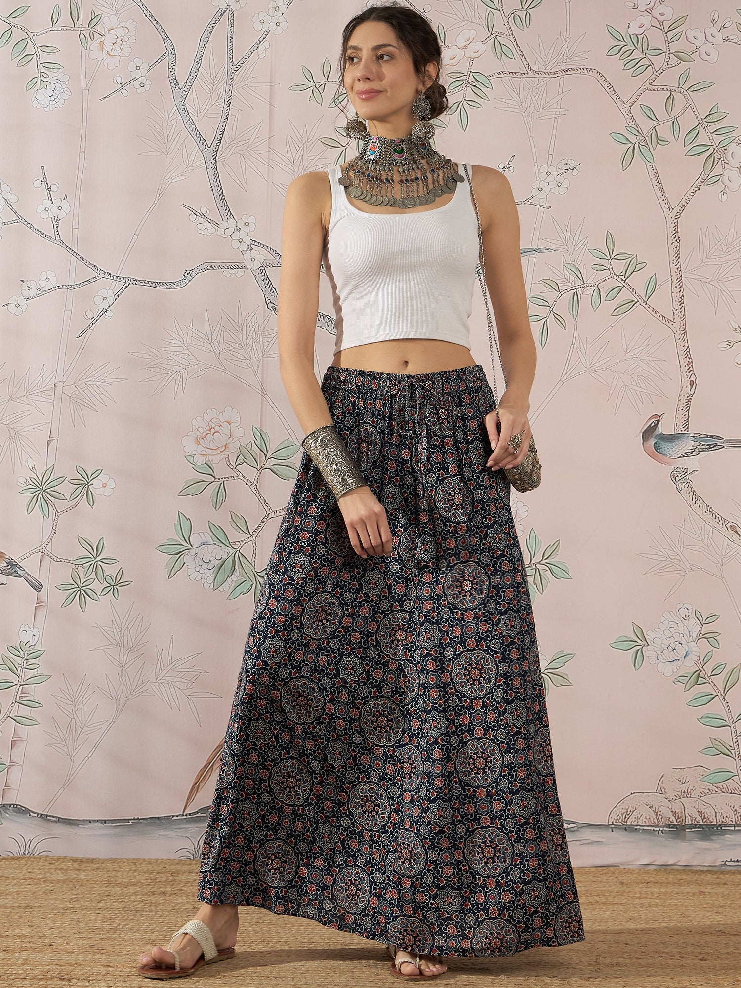 InWeave Navy Maroon Ajrakh Fr Skirt - Distacart