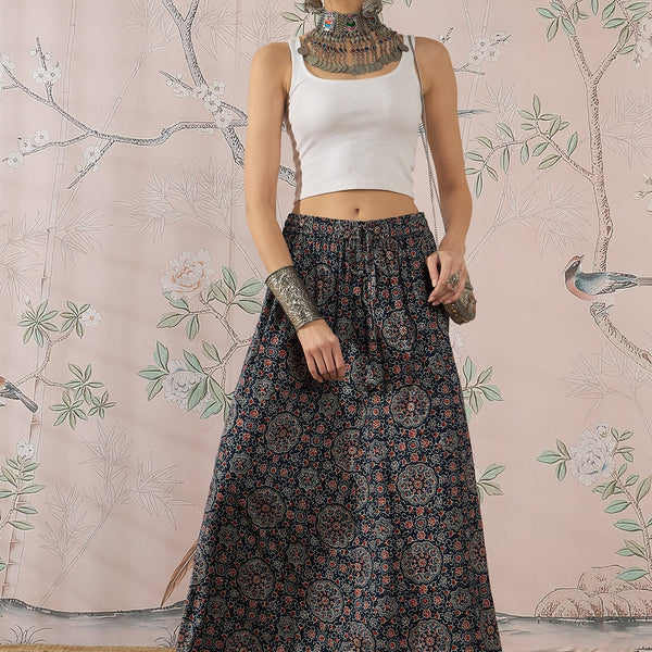InWeave Navy Maroon Ajrakh Fr Skirt - Distacart