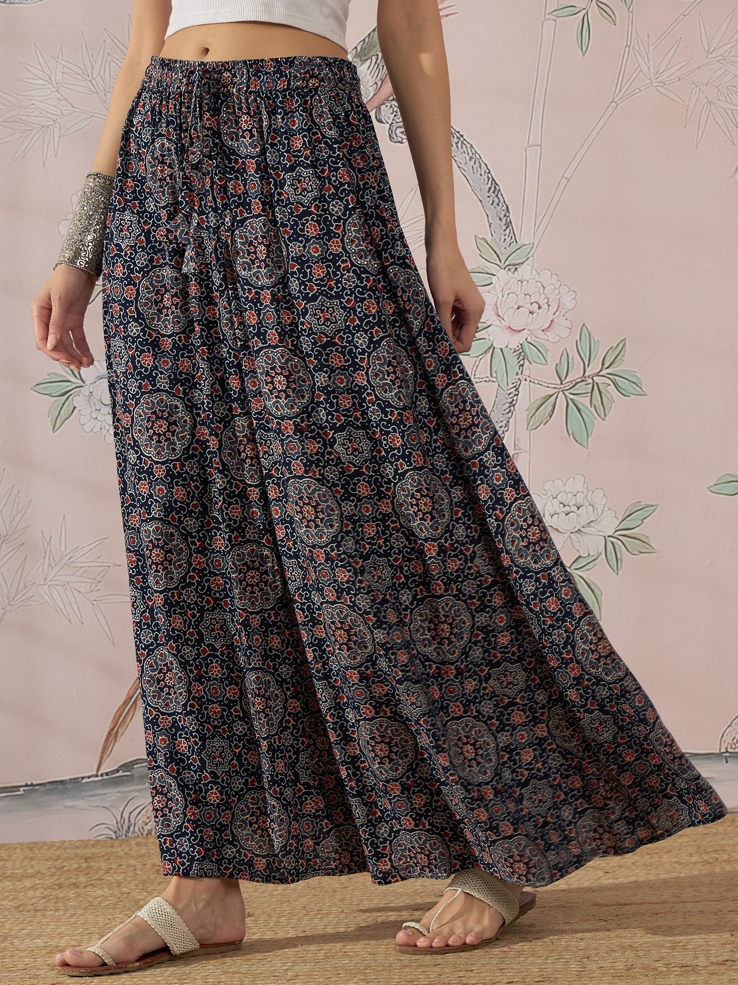 InWeave Navy Maroon Ajrakh Fr Skirt - Distacart