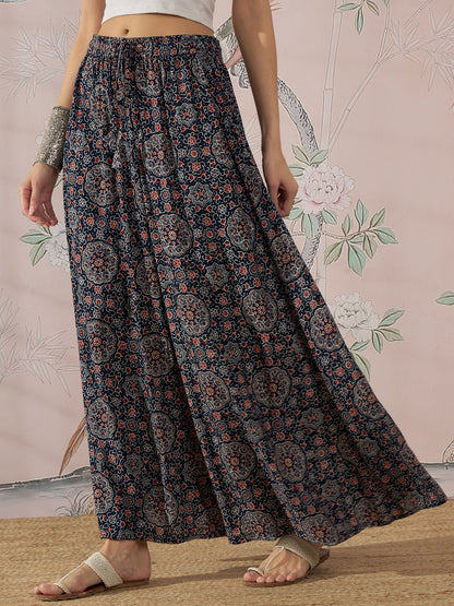 InWeave Navy Maroon Ajrakh Fr Skirt - Distacart