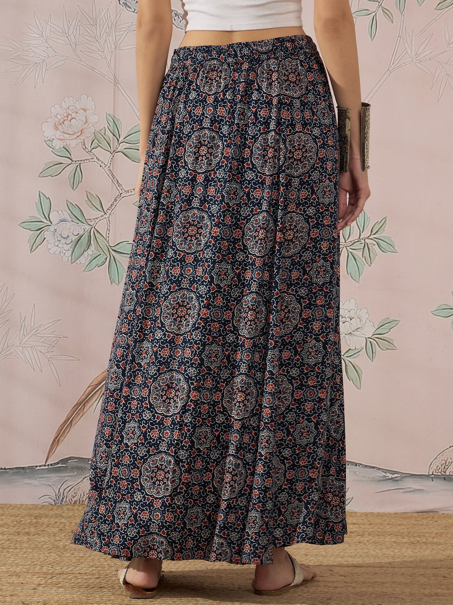 InWeave Navy Maroon Ajrakh Fr Skirt - Distacart