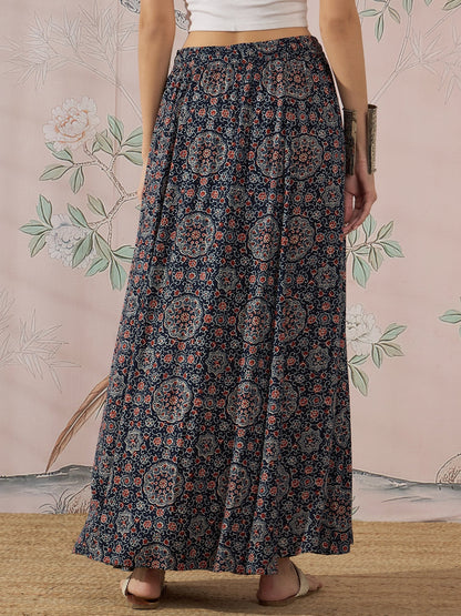 InWeave Navy Maroon Ajrakh Fr Skirt - Distacart