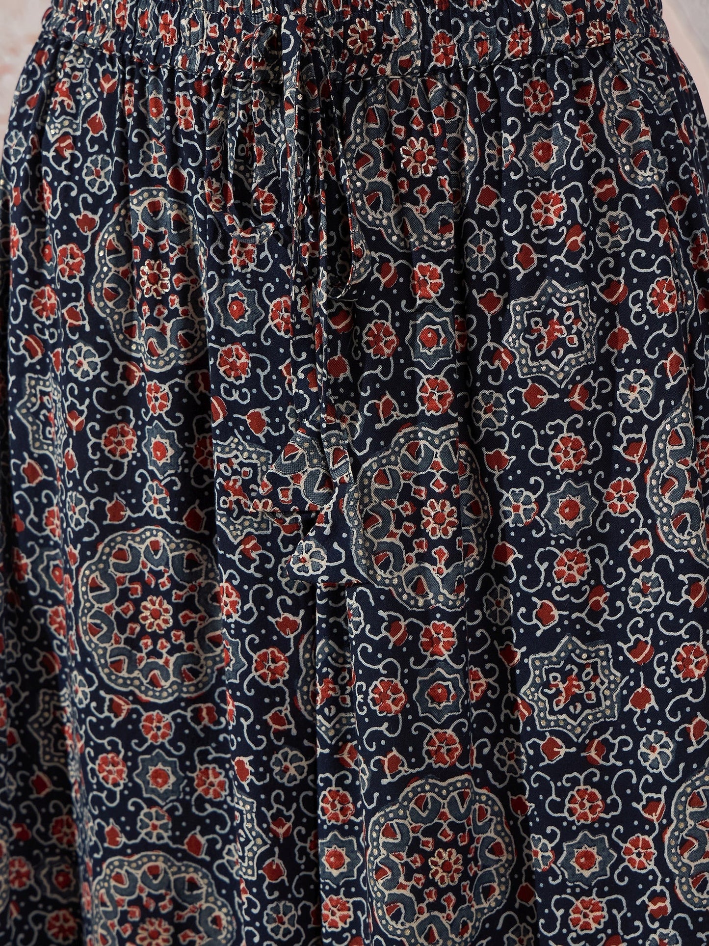 InWeave Navy Maroon Ajrakh Fr Skirt - Distacart