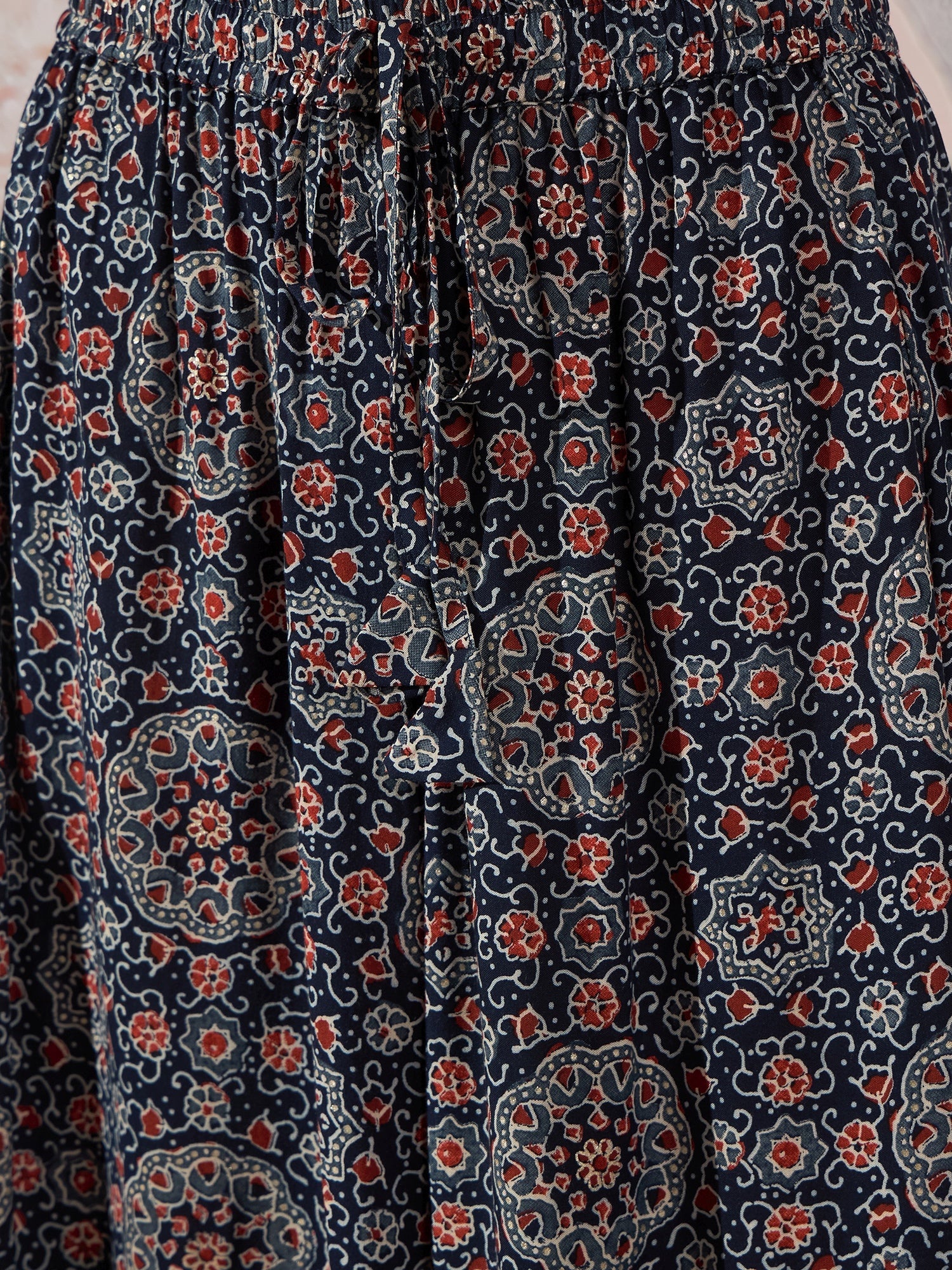 InWeave Navy Maroon Ajrakh Fr Skirt - Distacart
