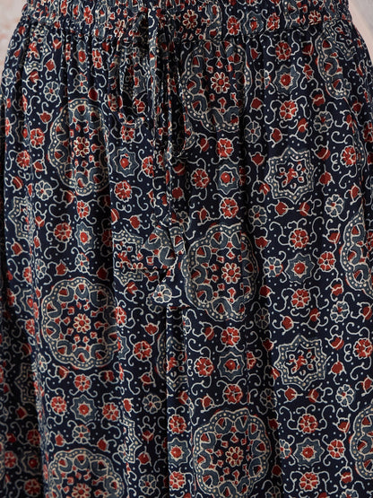 InWeave Navy Maroon Ajrakh Fr Skirt - Distacart