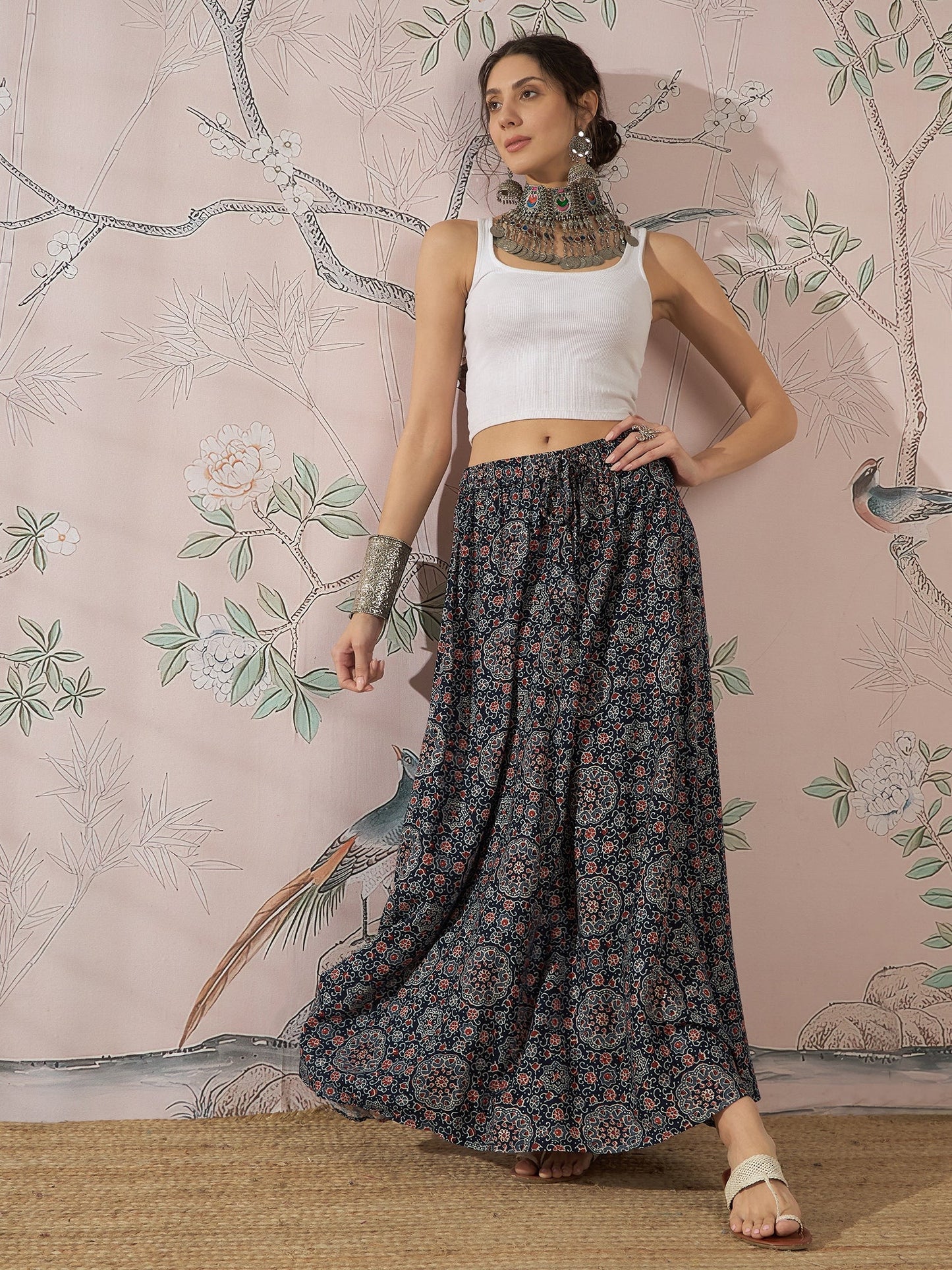 InWeave Navy Maroon Ajrakh Fr Skirt - Distacart