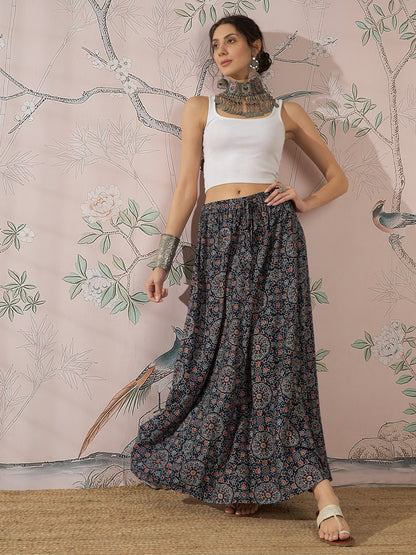 InWeave Navy Maroon Ajrakh Fr Skirt - Distacart