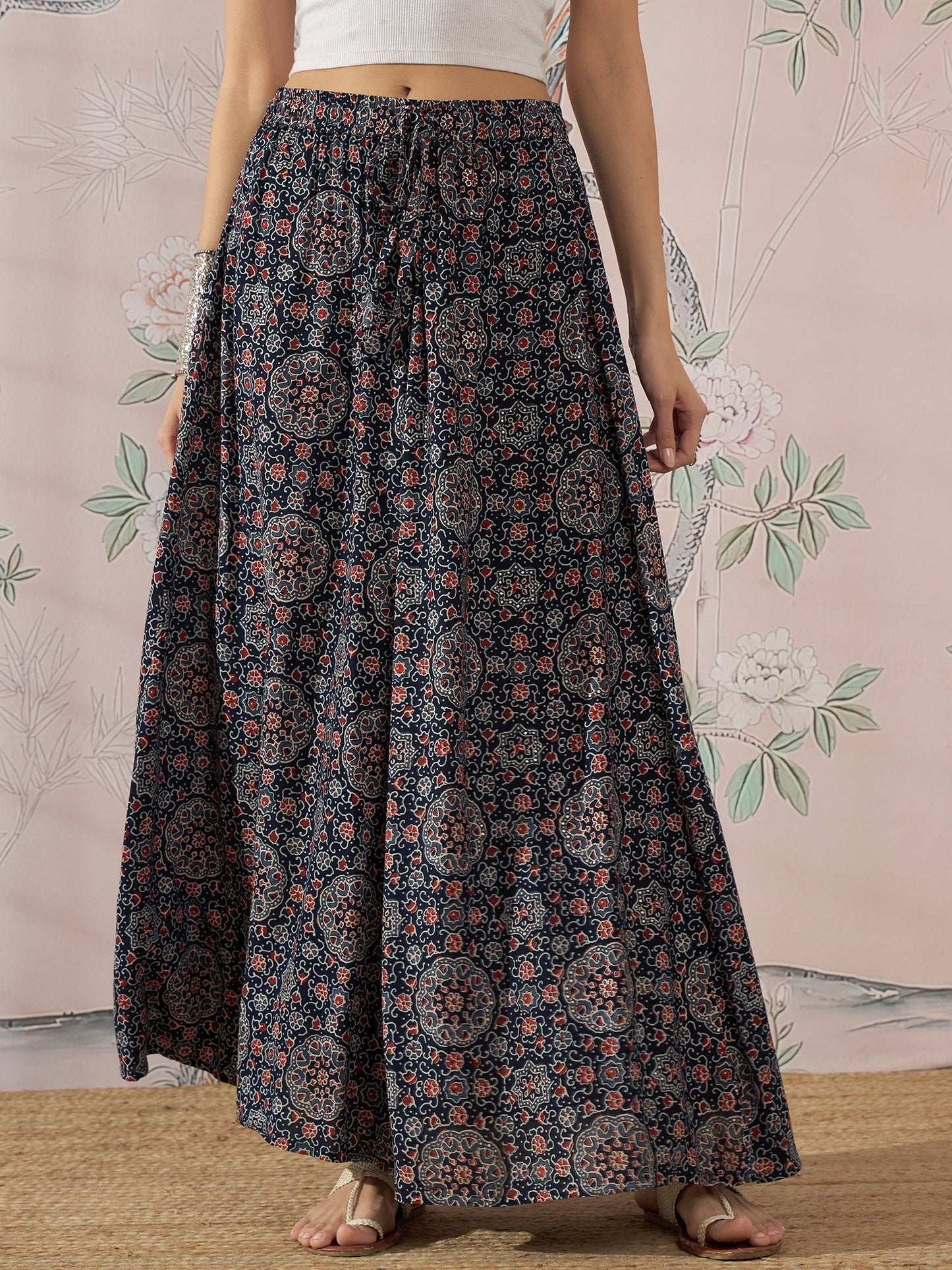 InWeave Navy Maroon Ajrakh Fr Skirt - Distacart