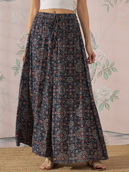 InWeave Navy Maroon Ajrakh Fr Skirt - Distacart