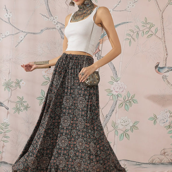 InWeave Black Maroon Ajrakh Fr Skirt - Distacart