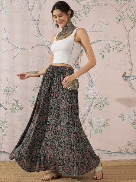 InWeave Black Maroon Ajrakh Fr Skirt