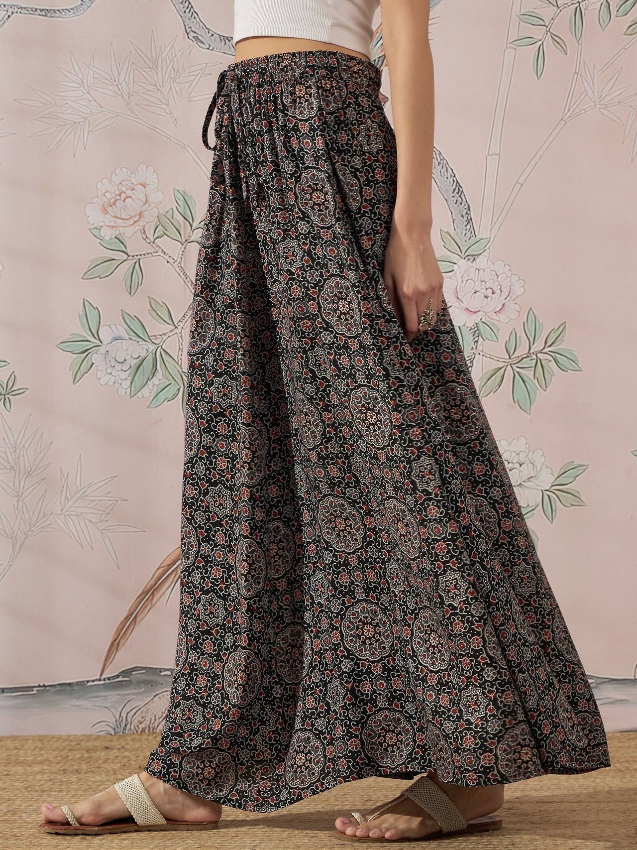 InWeave Black Maroon Ajrakh Fr Skirt