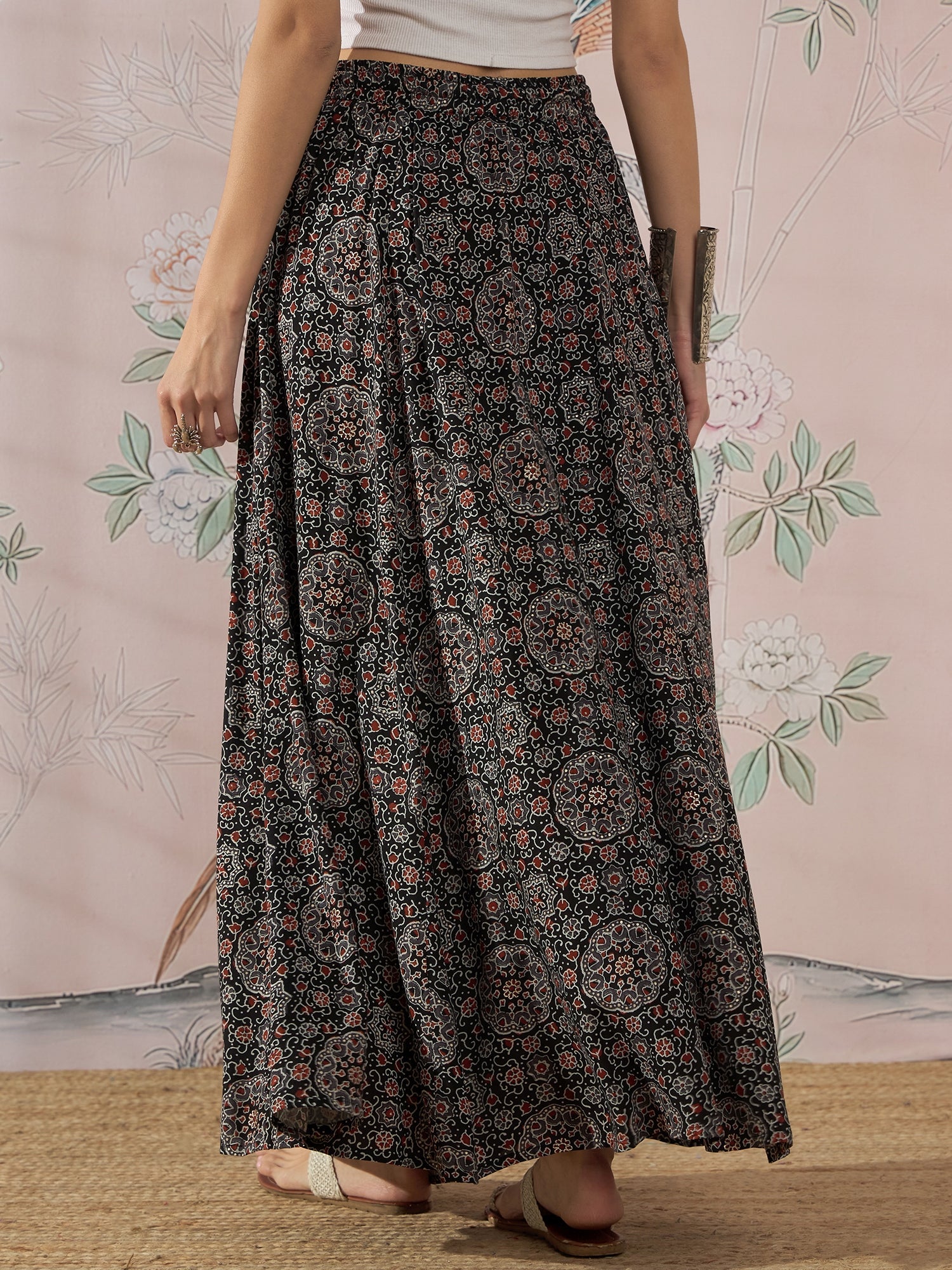 InWeave Black Maroon Ajrakh Fr Skirt - Distacart