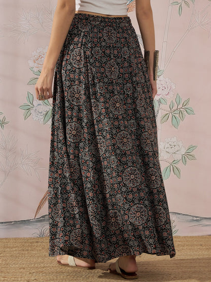 InWeave Black Maroon Ajrakh Fr Skirt - Distacart