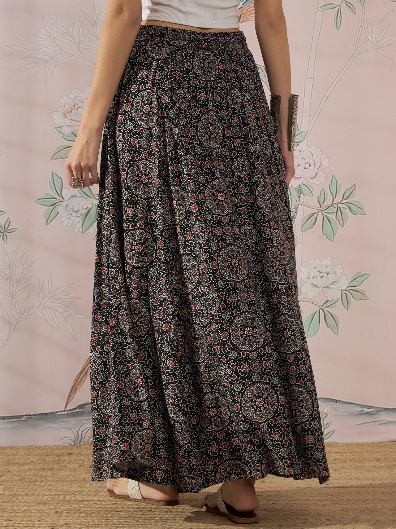 InWeave Black Maroon Ajrakh Fr Skirt