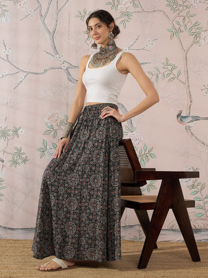 InWeave Black Maroon Ajrakh Fr Skirt - Distacart