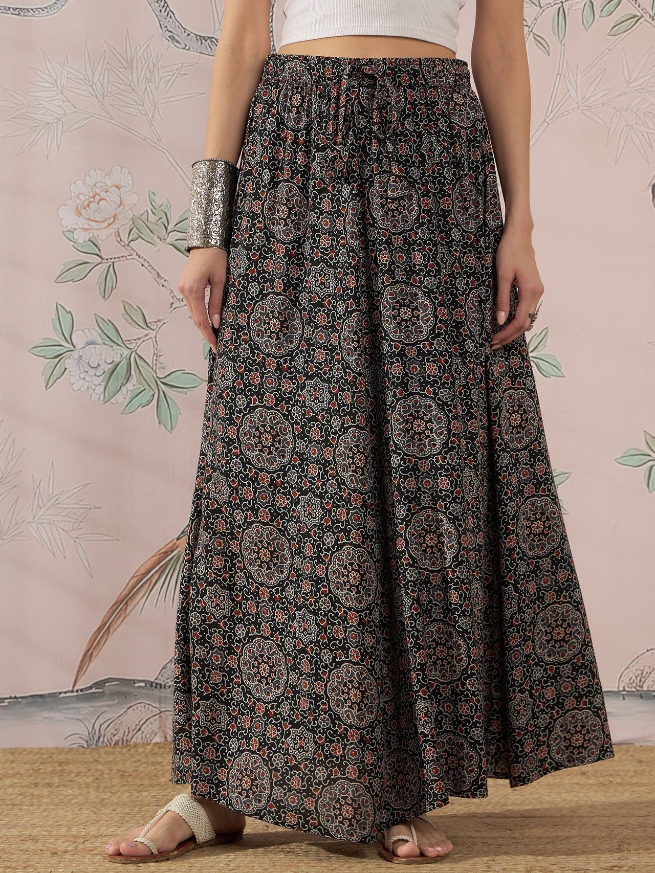 InWeave Black Maroon Ajrakh Fr Skirt