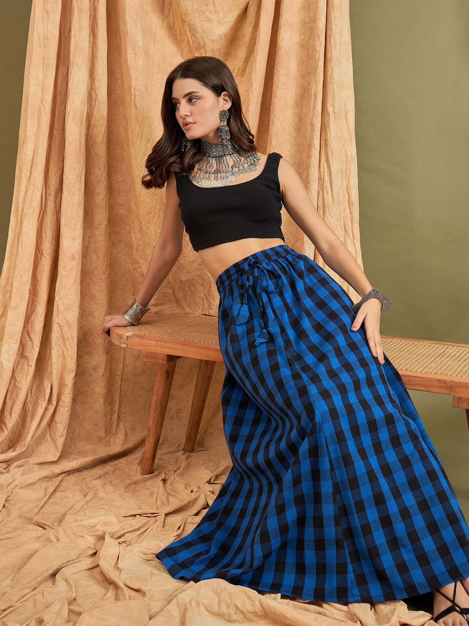 InWeave Ink Blue Black Check Skirt - Distacart