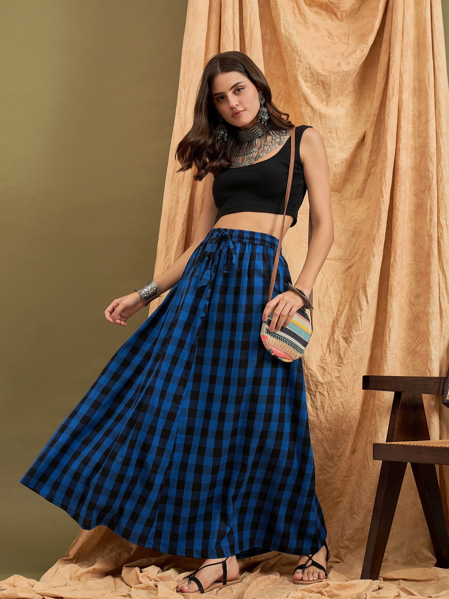 InWeave Ink Blue Black Check Skirt - Distacart
