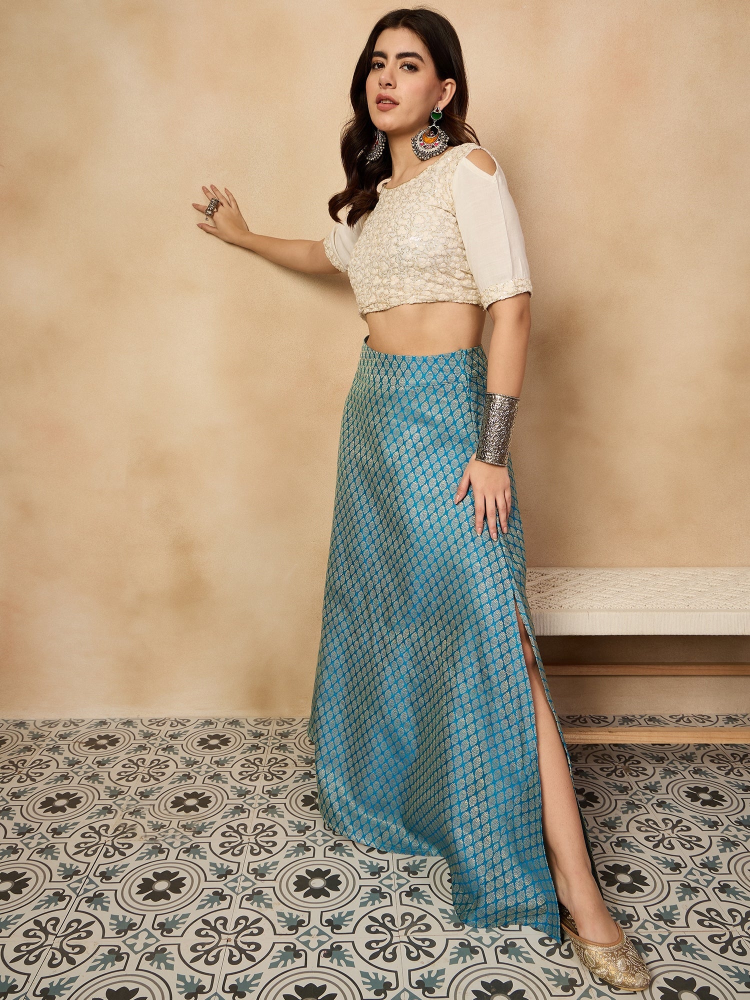 InWeave Maya Blue Brocade Side Slit Skirt - Distacart