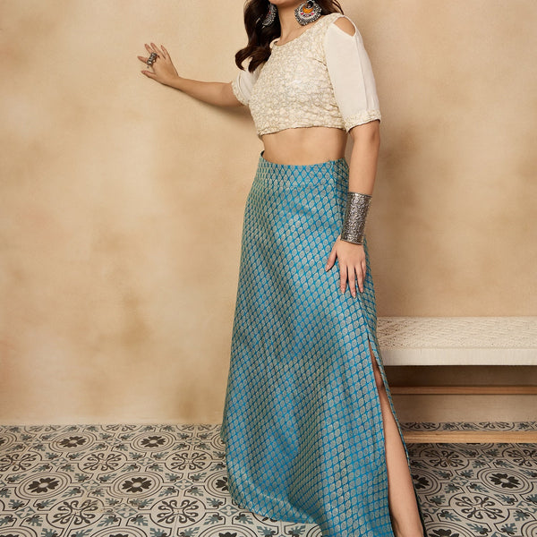 InWeave Maya Blue Brocade Side Slit Skirt - Distacart