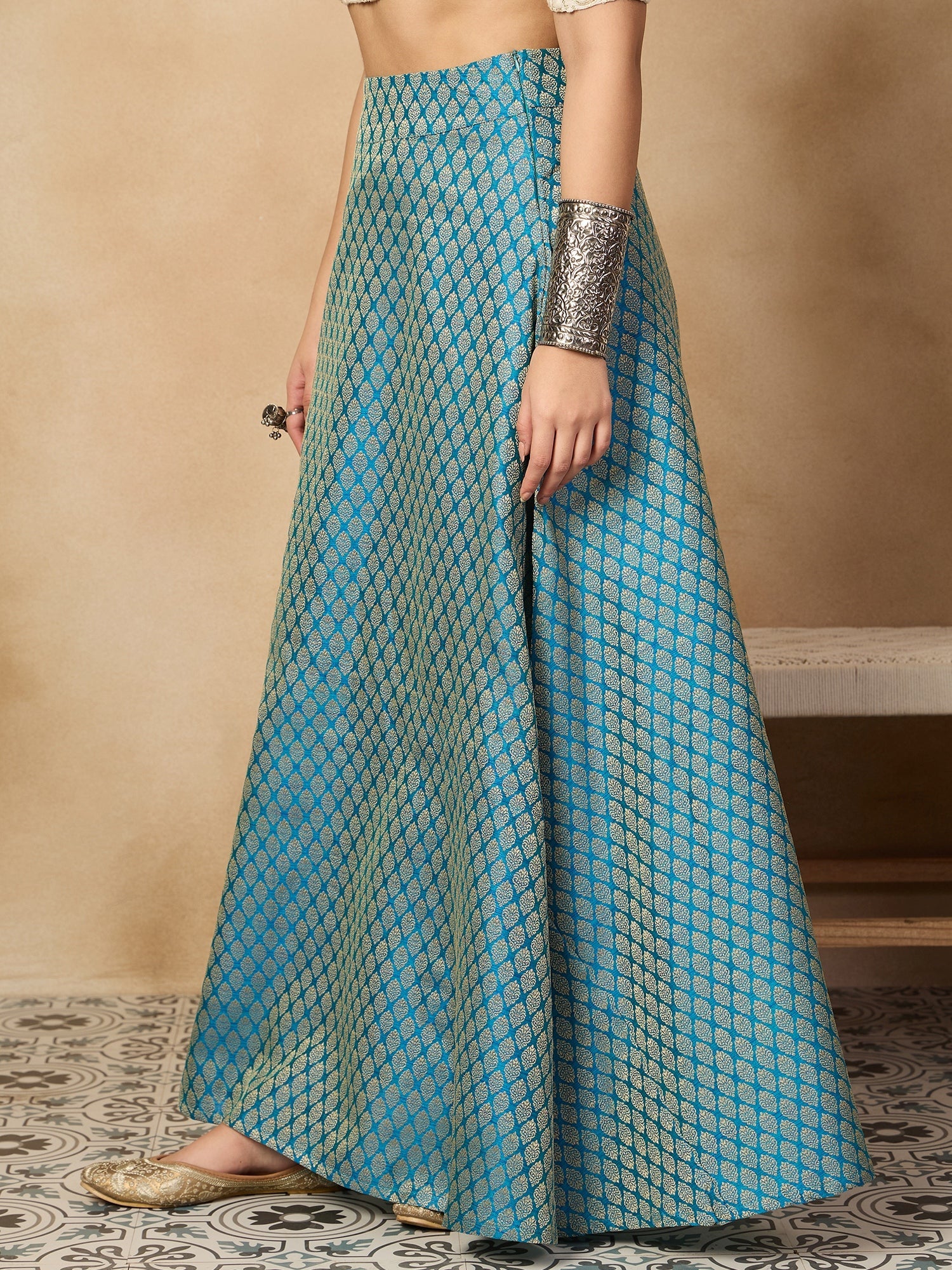 InWeave Maya Blue Brocade Side Slit Skirt - Distacart