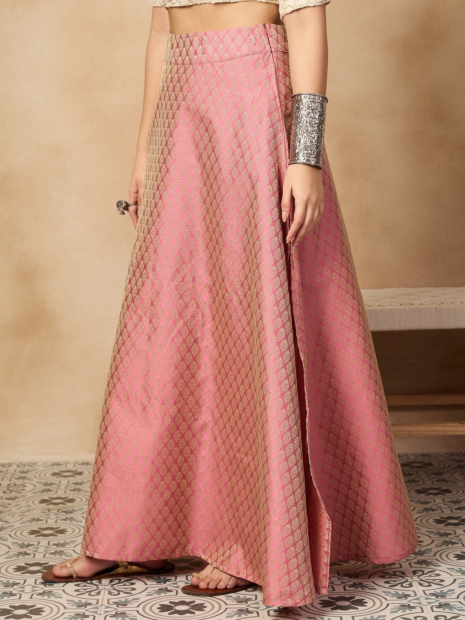 InWeave Light Pink Brocade Side Slit Skirt - Distacart
