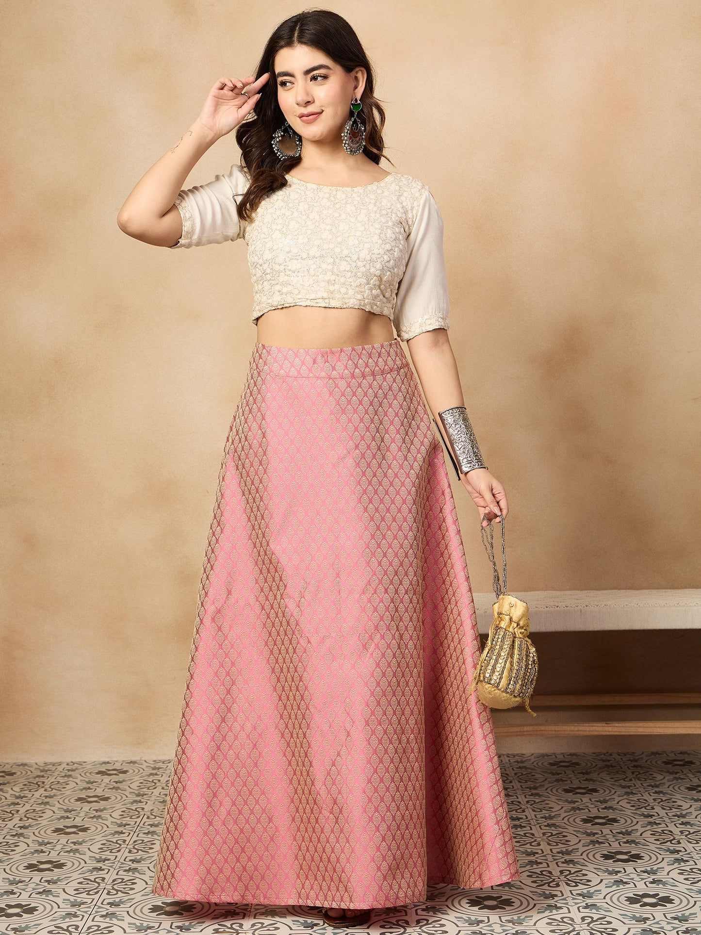 InWeave Light Pink Brocade Side Slit Skirt - Distacart