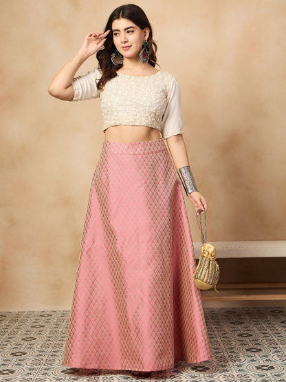 InWeave Light Pink Brocade Side Slit Skirt - Distacart