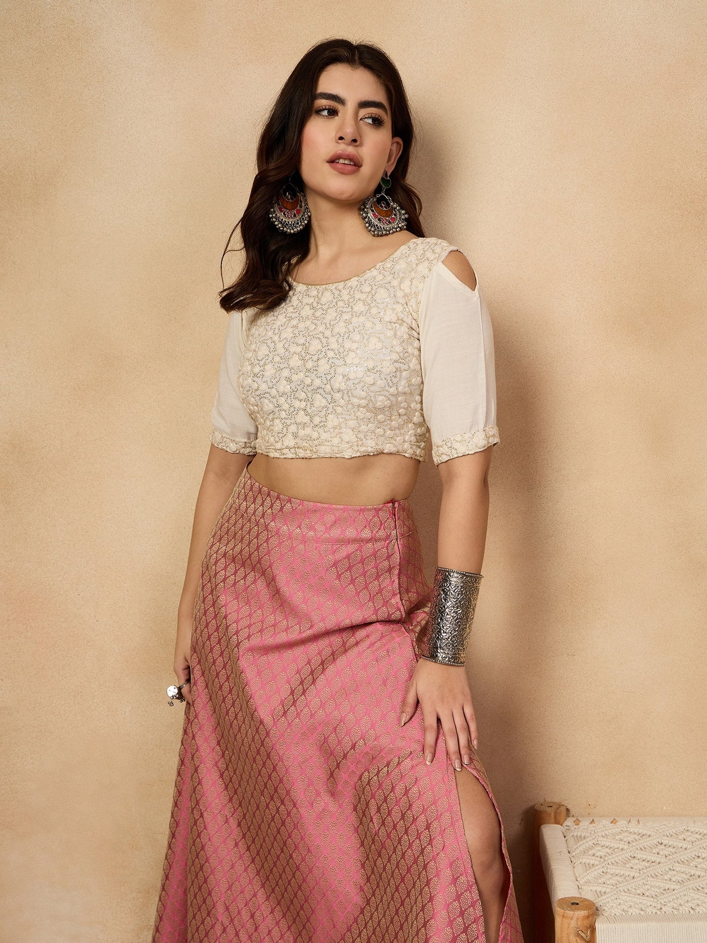 InWeave Light Pink Brocade Side Slit Skirt - Distacart
