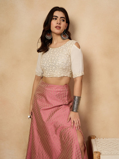 InWeave Light Pink Brocade Side Slit Skirt - Distacart