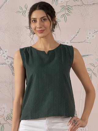 InWeave Dark Green Sleeveless Kantha Top - Distacart