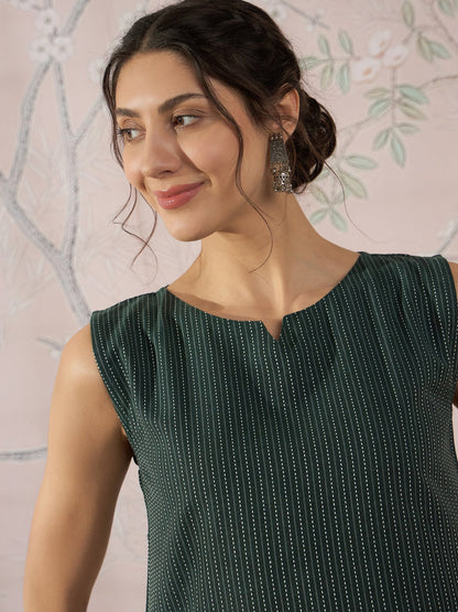 InWeave Dark Green Sleeveless Kantha Top - Distacart