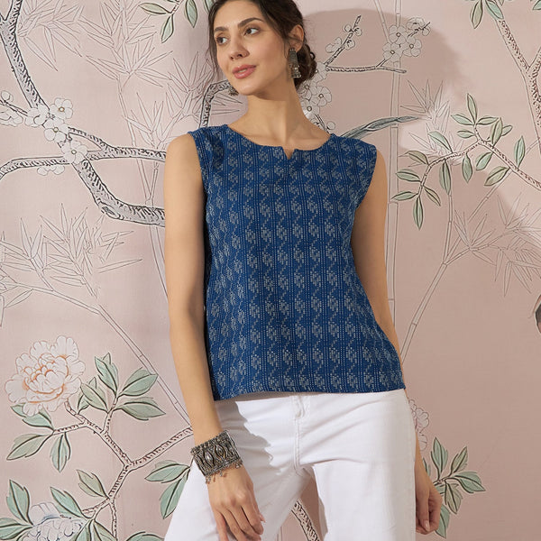 InWeave Blue Ikkat Kantha W/S Top - Distacart