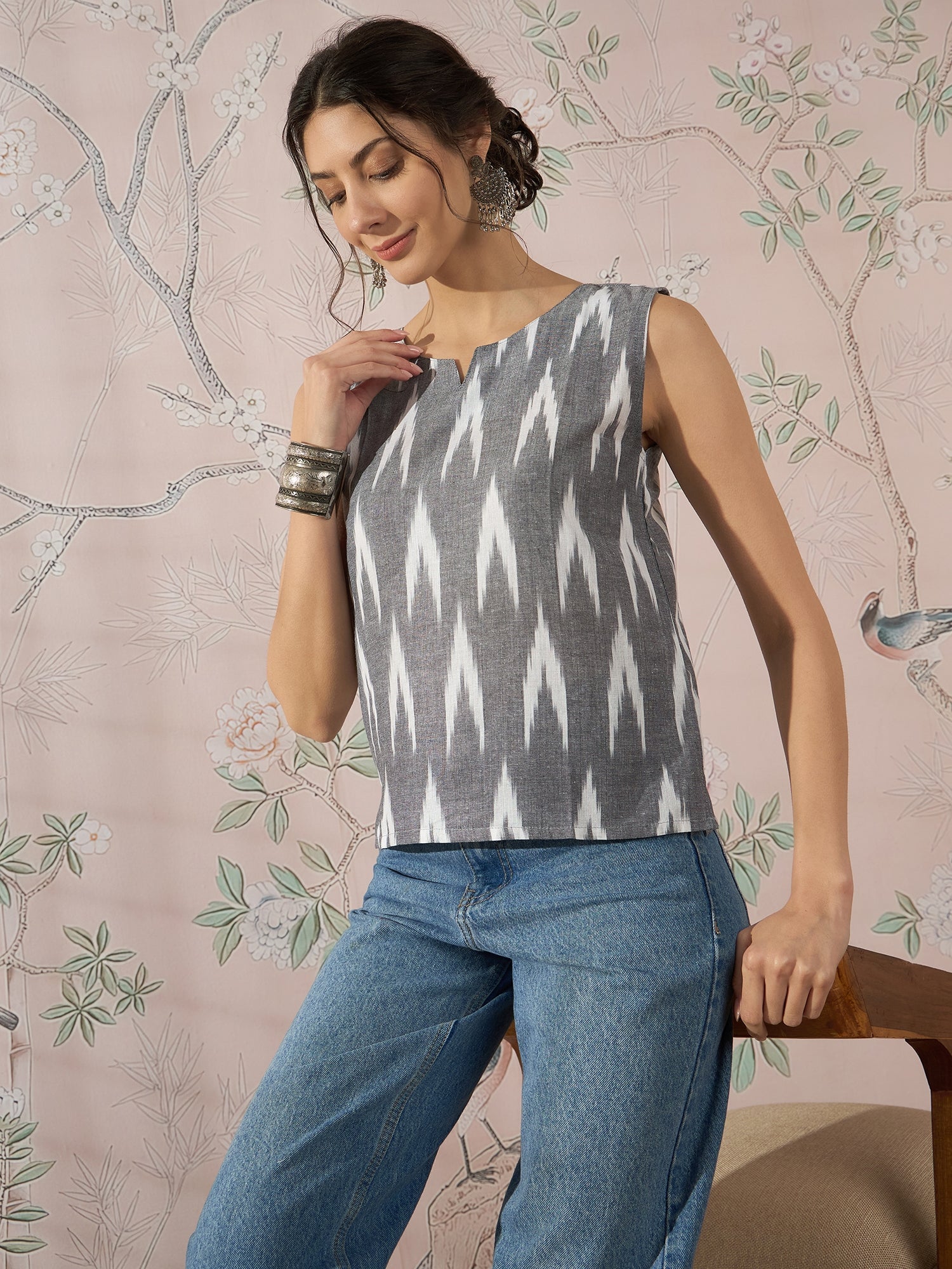 InWeave Grey Ikkat Kantha W/S Top - Distacart