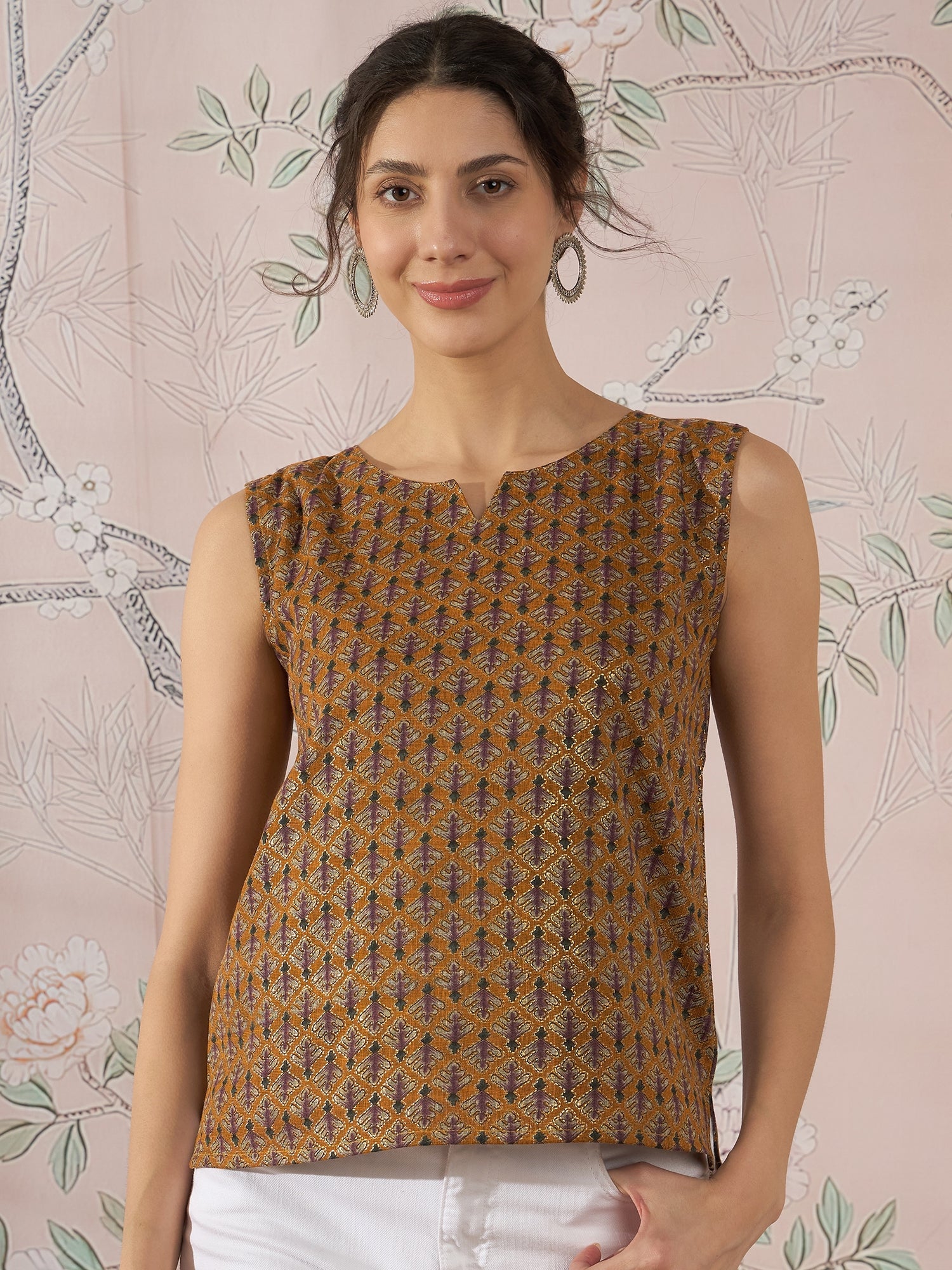 InWeave Mustard Foil Print W/S Top - Distacart