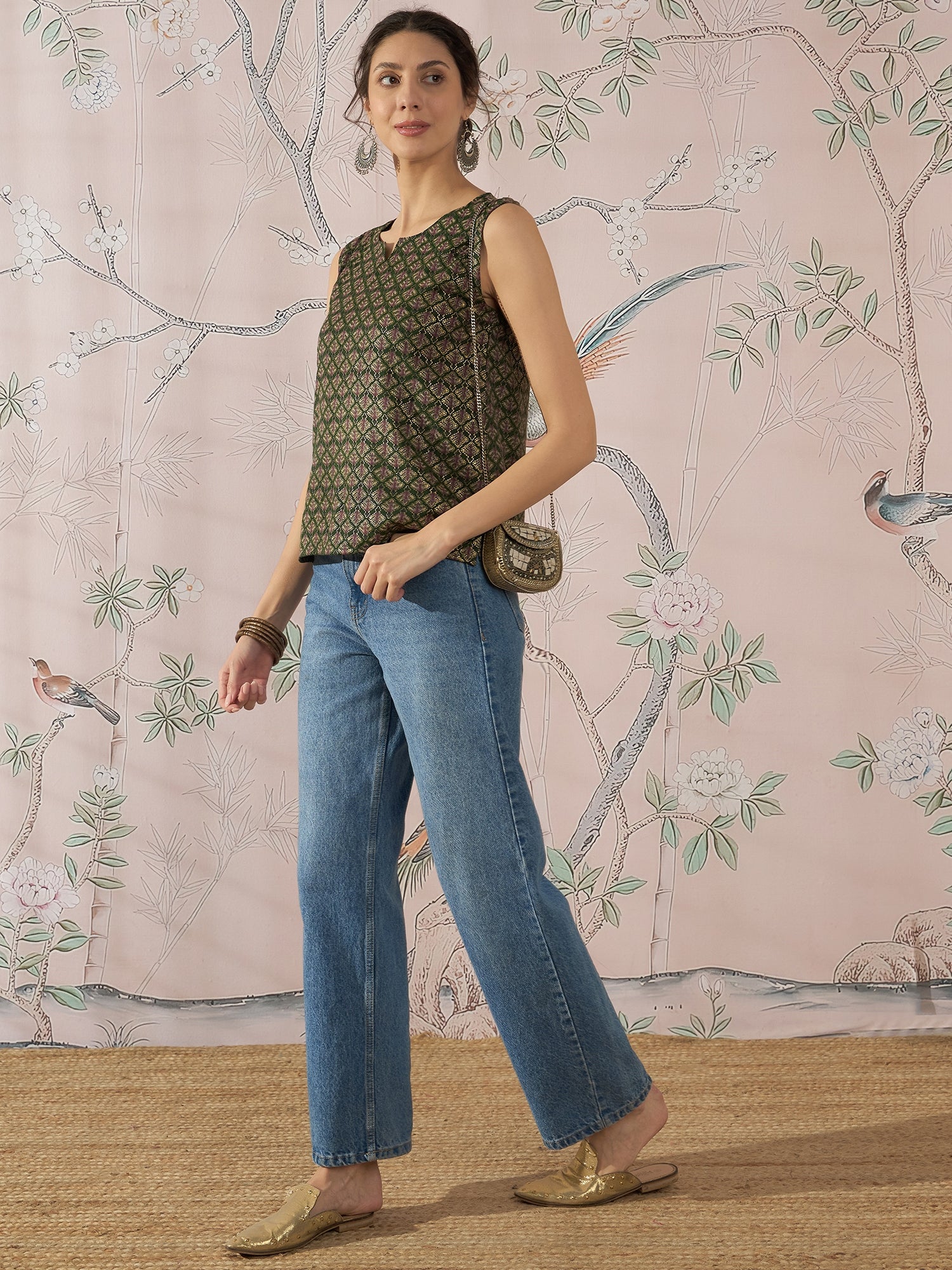 InWeave Green Foil Print W/S Top - Distacart