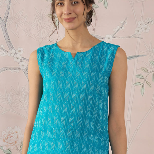 InWeave Cyan Blue Ikkat Kantha W/S Top - Distacart