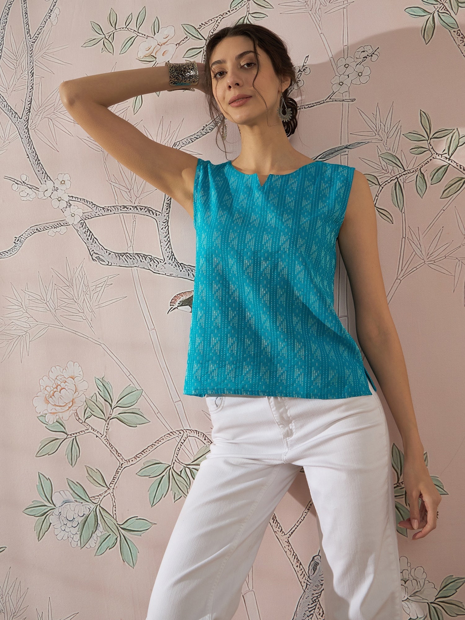 InWeave Cyan Blue Ikkat Kantha W/S Top - Distacart