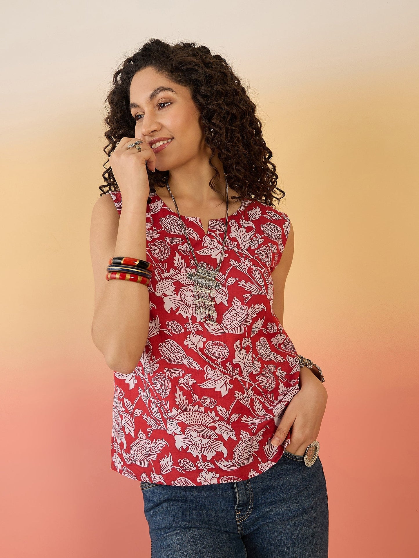 InWeave Red White Block Print W/S Top - Distacart