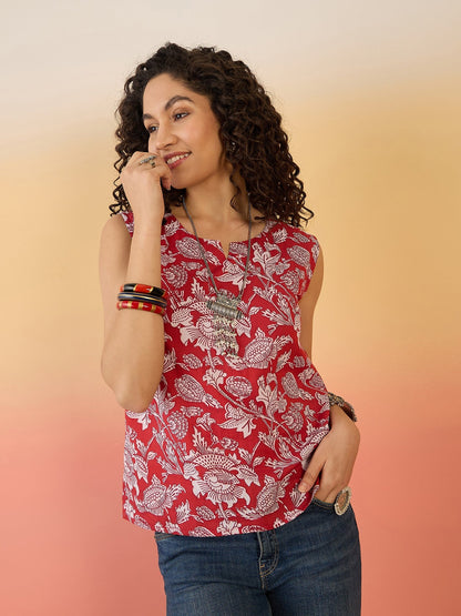 InWeave Red White Block Print W/S Top - Distacart